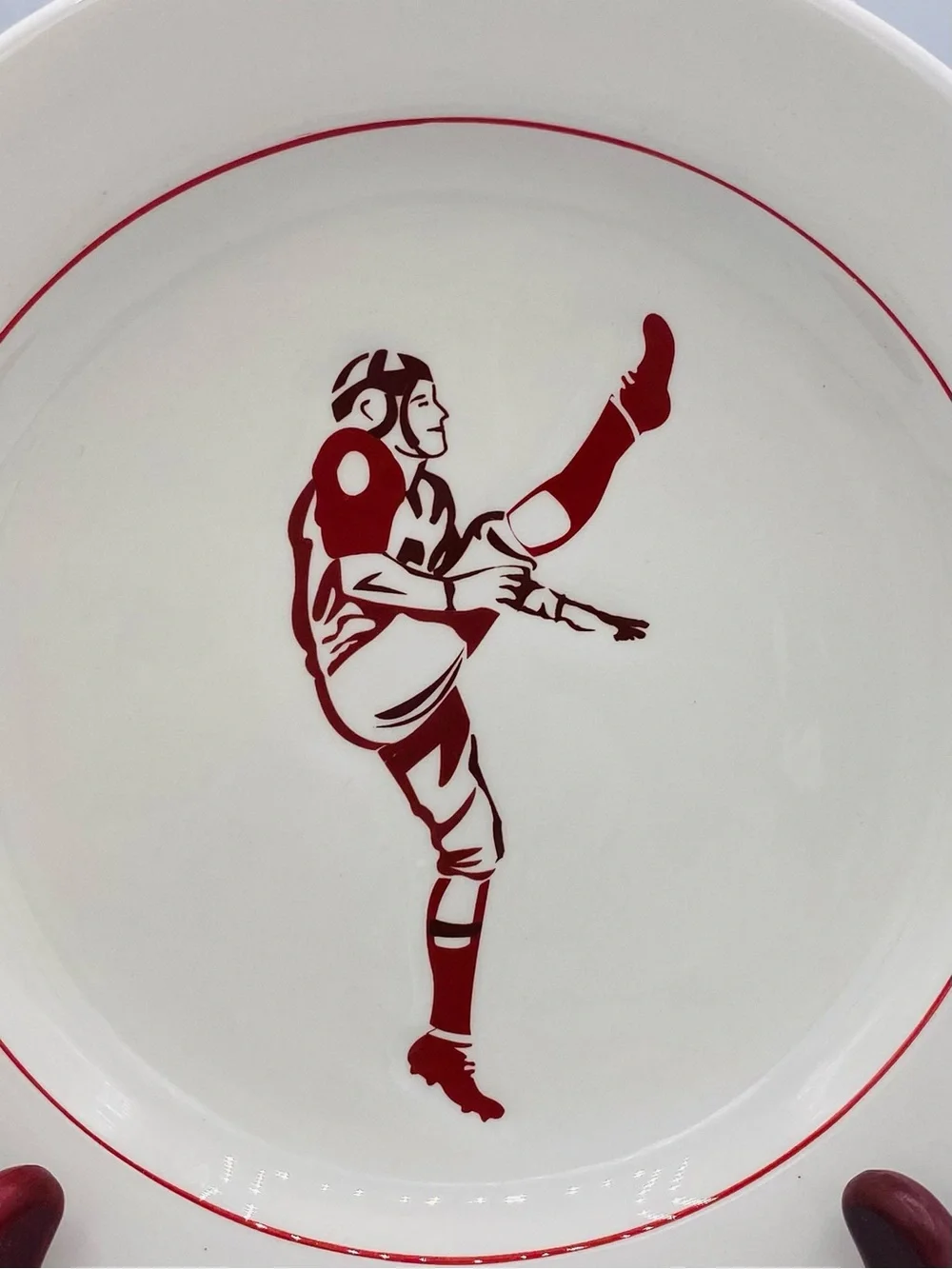 Vintage Williams Sonoma 4 Ceramic Plate  Red Football Player Snack Desert Salad